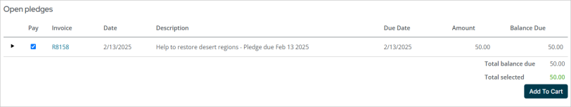 Open pledges area on account page